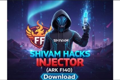Shivam Hacks Injector APK V40 Free Fire download graphic featuring modern gaming theme, injector icon, and Free Fire elements in 16:9 layout."