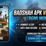 Badshah APK V8_v4.3.0 BGMI MOD download thumbnail with BGMI character, Badshah Gaming logo, aimbot, ESP menu, magic bullet, less recoil and Android download button.