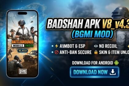 Badshah APK V8_v4.3.0 BGMI MOD download thumbnail with BGMI character, Badshah Gaming logo, aimbot, ESP menu, magic bullet, less recoil and Android download button.