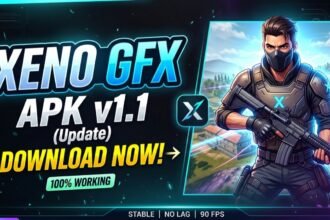 Xeno GFX app icon featuring a golden X logo on a dark background with optimized gaming tool branding for Android users.