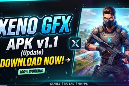 Xeno GFX app icon featuring a golden X logo on a dark background with optimized gaming tool branding for Android users.