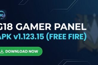 "G18 Gamer Panel APK v1.123.15 interface screenshot for Free Fire gaming utility app on Android device."