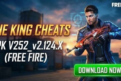 The King Cheats FF APK V252_v2.124.X download page shows app features, Android compatibility, installation guide, and Free Fire gaming utility information.
