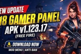 G18 Gamer Panel APK v1.123.17 download page showing latest version features, Android 5 to 16 support, root and non-root compatibility, installation guide, app information, and APK download details for Android devices.