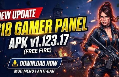 G18 Gamer Panel APK v1.123.17 download page showing latest version features, Android 5 to 16 support, root and non-root compatibility, installation guide, app information, and APK download details for Android devices.